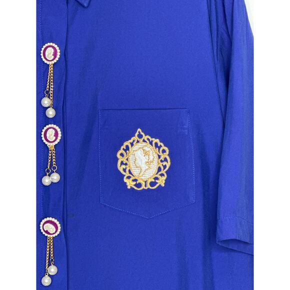 Vintage Gina Royal Blue Cameo Blouse / dress Pearl & Gold Chain Accents Medium - Picture 14 of 16